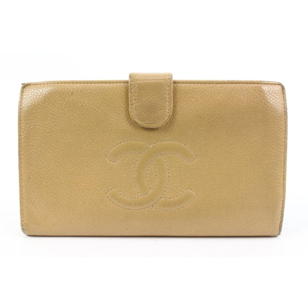 Chanel Beige Caviar Leather CC Logo Long Bifold Flap Wallet 41ck224s